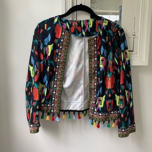 Boho inspired Embroidered Jacket w/ Pompon Tassels